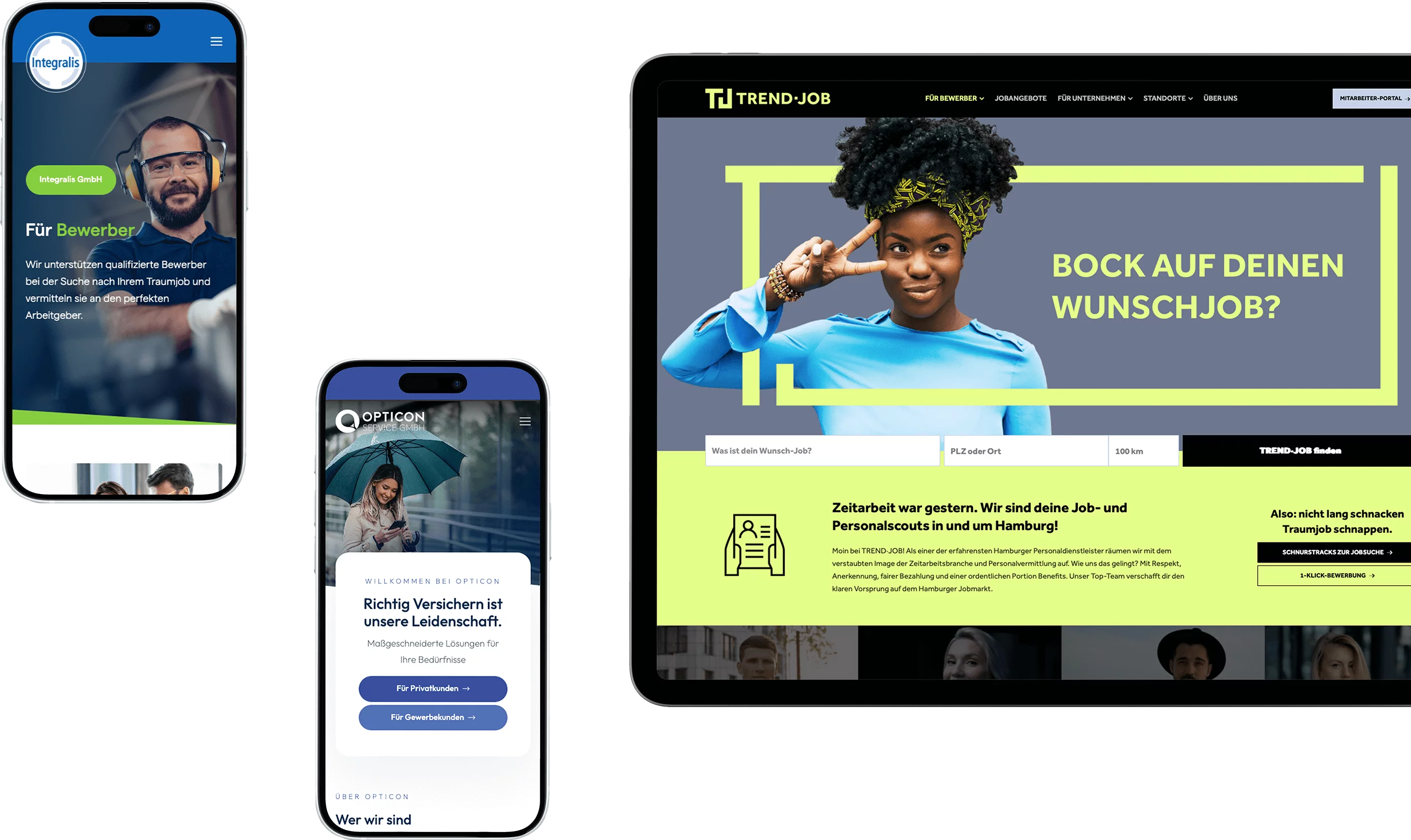 Ein Tablet mit einer beeindruckenden Website und zwei weiteren Responsive-Webdesigns – ein Beispiel für professionelles Webdesign Bremen.